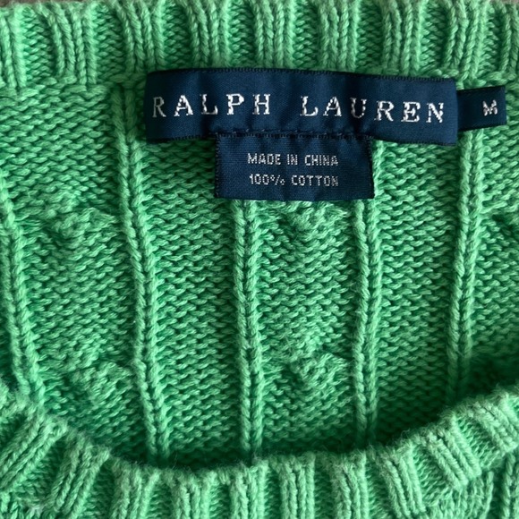 Vintage Ralph Lauren Y2K Women's Kelly Green Cable Knit Cotton Sweater Logo- S - Picture 4 of 6